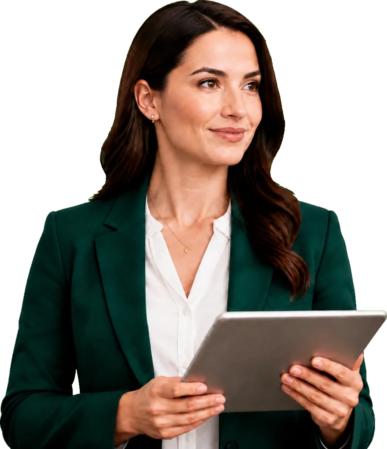 Illustrative Academy image of a real estate professional holding a tablet.
